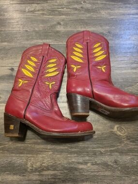 Vintage 80s Sasson Red Leather Western Heeled Cowgirl Boots with Yellow Accents